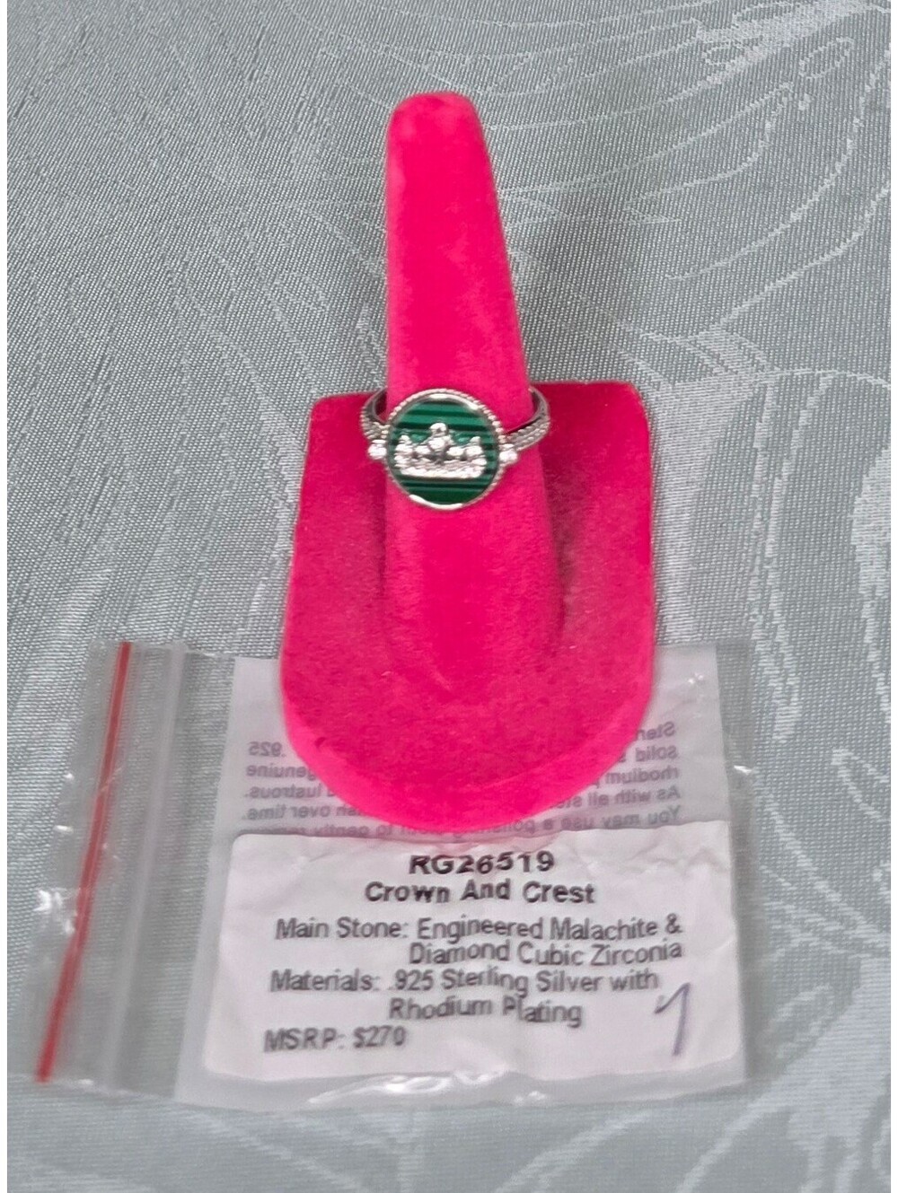 Crown and Crest Ring with Engineered Malachite and CZ Sz 7